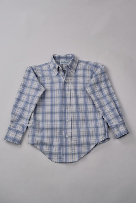 BLUE AND TAN PLAID BUTTON DOWN SHIRT