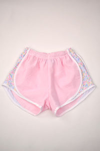 ATHLETIC SHORTS- PINK CHECK WITH MEADOW FLORAL SIDES